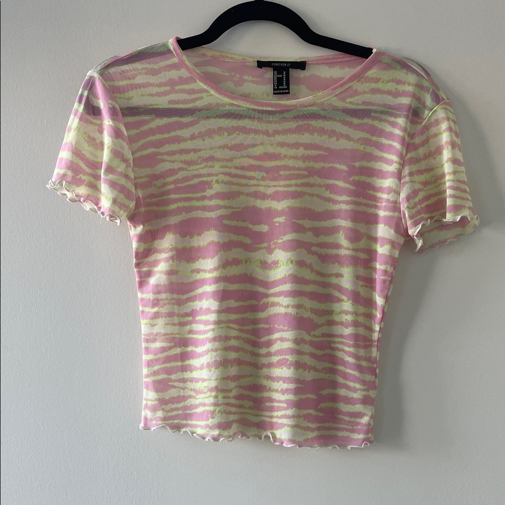 Forever 21 Pink and Yellow Mesh Zebra Print Tee